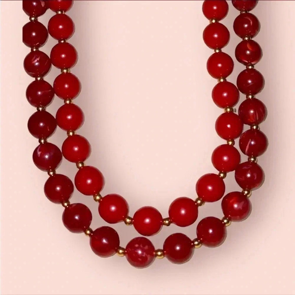 Vintage Monet Red Gold Plastic Bead Necklaces Lot of 2 - Picture 2 of 7